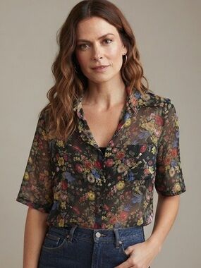 Shan Sz M Sheer Floral Cottagecore Button Front Short Sleeves Relaxed Blouse